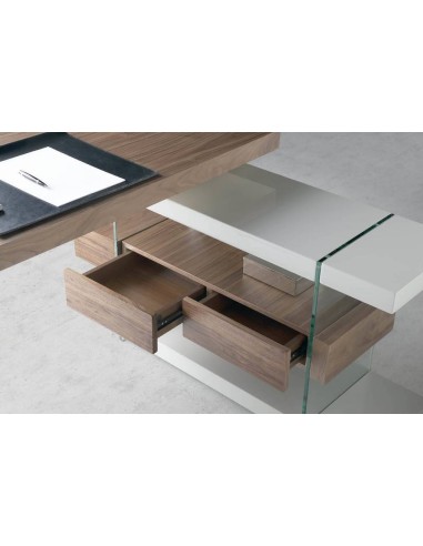 ESCRITORIO RUMBLE 140x65(127) NOGAL y GRIS, CRISTAL