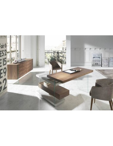 ESCRITORIO RUMBLE 140x65(127) NOGAL y GRIS, CRISTAL