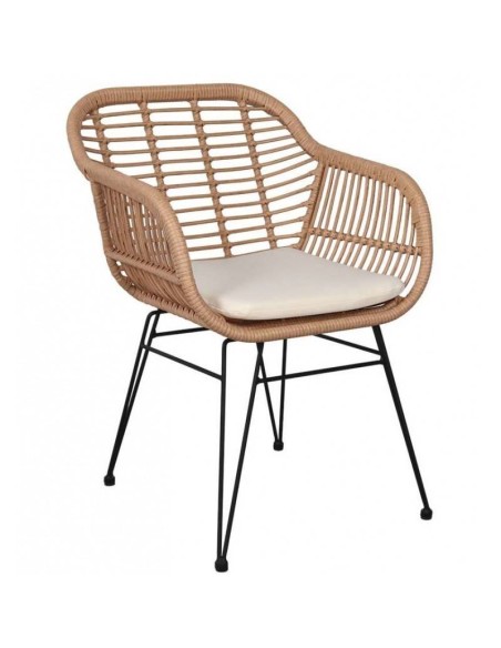 Silla con brazos TARTARA, metal, cojín, ratán beige.