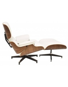 Sillón Lounge Chair Piel, blanco, madera, con ottoman 2