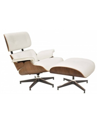 Poltrona Lounge Chair pele, branco, madeira, com ottoman