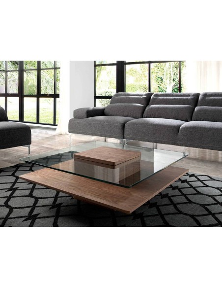 MESA CENTRO CUADRADA MIKO 100, CRISTAL, NOGAL