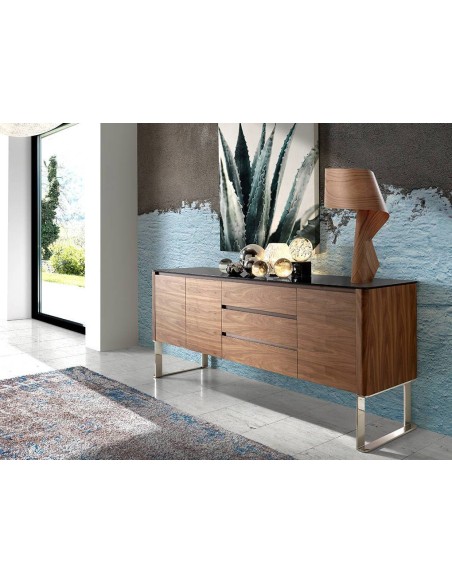 Armário moderno gigante 200x50, noz e vidro preto