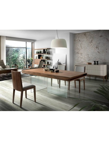 MESA COMEDOR Fantasy 200x100, MADERA NOGAL, CRISTAL