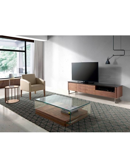 MUEBLE TV GIANT 200x45, MADERA NOGAL Y CRISTAL NEGRO