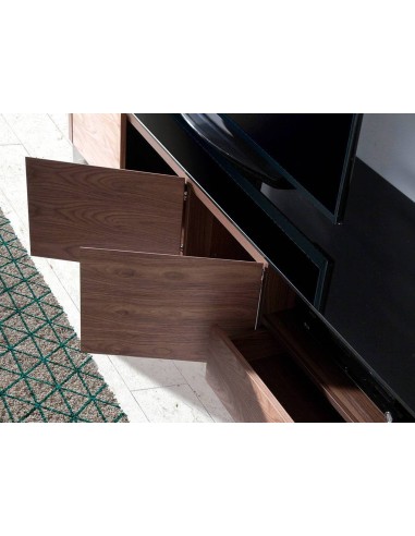 Armário TV GIANT 200X45, madeira de nogueira e vidro preto