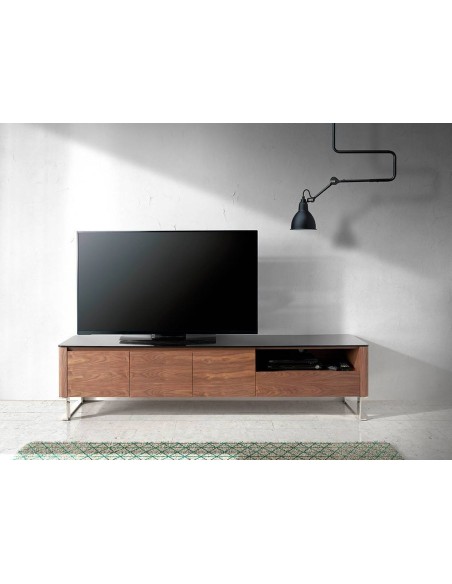 MUEBLE TV GIANT 200x45, MADERA NOGAL Y CRISTAL NEGRO