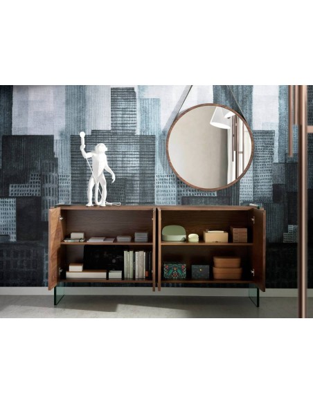 Cômoda moderna Neon 170x43, madeira de nogueira e vidro