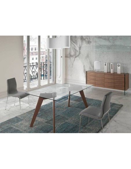 Cômoda moderna Neon 170x43, madeira de nogueira e vidro