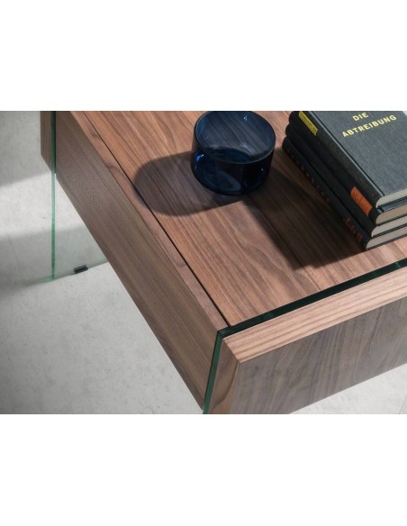 MESITA NOCHE NEON 58x39, MADERA NOGAL Y CRISTAL