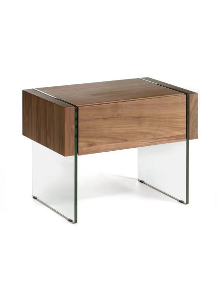 MESITA NOCHE NEON 58x39, MADERA NOGAL Y CRISTAL