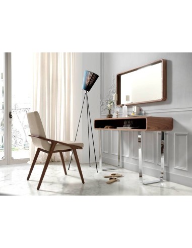 Cadeira de design de parede, taupe de couro, nogueira