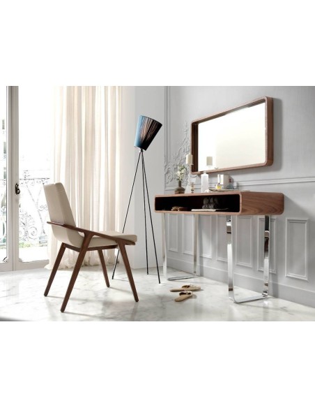 Cadeira de design de parede, taupe de couro, nogueira