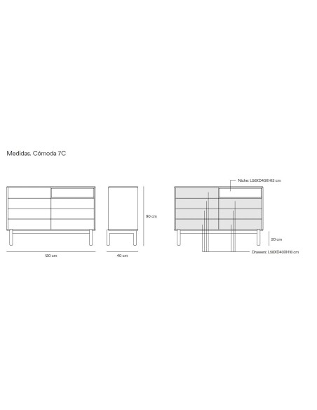 TEULAT confortável CORVO 120x40, 7 gavetas, cinza pérola