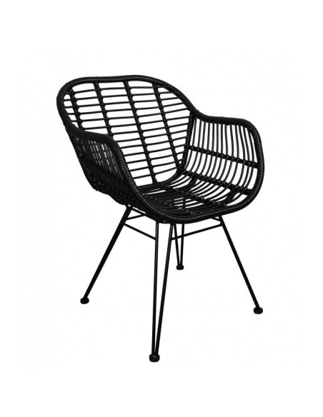 Silla con brazos TARTARA, metal, cojín, ratán negro.