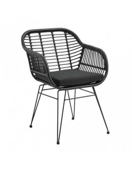 Silla con brazos TARTARA, metal, cojín, ratán negro.