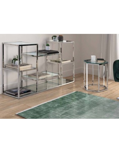 Mesa lateral Hexa 49x42, vidro e aço inox.