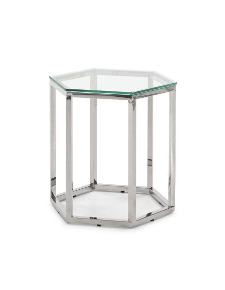 Mesa lateral Hexá 51x 49, vidro e aço inox. Mesa lateral Hexá 51x 49, vidro e aço inox.
