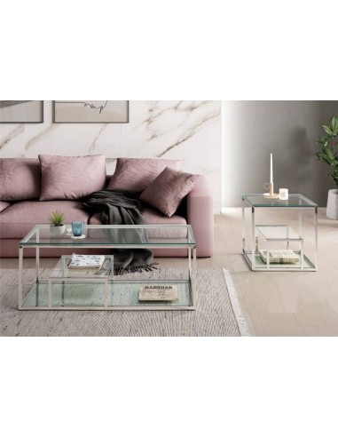 Mesa Auxiliar de diseño Falky 55x55, Cristal y acero inox.