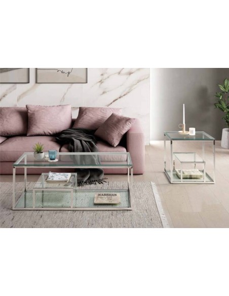 Mesa de centro de design Falky 45x120, vidro e aço inoxidável. Mesa de centro de design Falky 45x120, vidro e aço inoxidável.