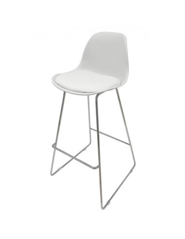 Tamborete Tower cromado, polipropileno e coxim estofado semelhante pele.