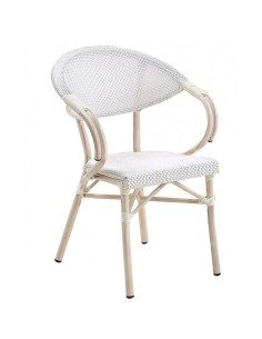 Sillón NERJ, apilable, aluminio, teslin blanco, plata y gris.