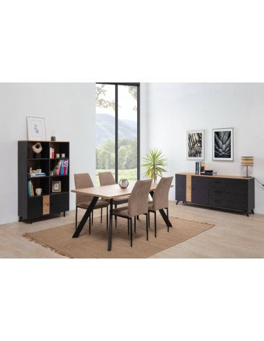 MESA COMEDOR TEXAS 160X90 MELAMINA NATURAL, METAL NEGRO.