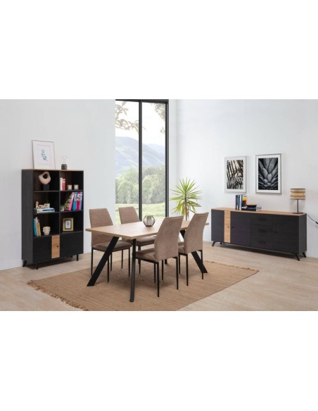 MESA COMEDOR TEXAS 160X90 MELAMINA NATURAL, METAL NEGRO.