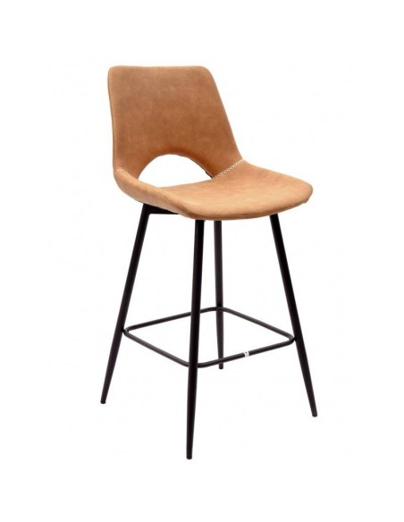 Taburete TIBES, metal negro, similpiel marrón.