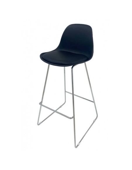 Tamborete Tower cromado, polipropileno e coxim estofado semelhante pele.