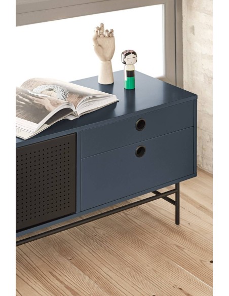 TEULAT armário TV ponto 180X40, DM lacado azul e metal preto