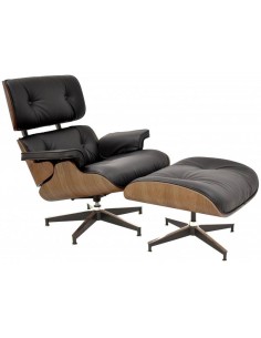 Sillón Lounge Chair SimilPiel, negro, madera terminada Nogal