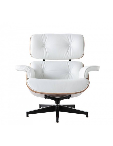 Poltrona Lounge Chair couro sintético branco, madeira acabamento nogueira