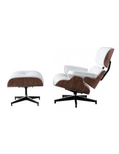 Sillón Lounge Chair similpiel blanco, madera nogal 2