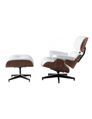 Sillón Lounge Chair similpiel blanco, madera nogal