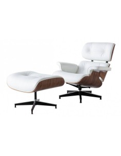Sillón Lounge Chair similpiel blanco, madera nogal