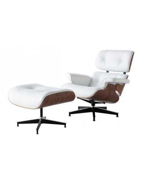 Poltrona Lounge Chair couro sintético branco, madeira acabamento nogueira