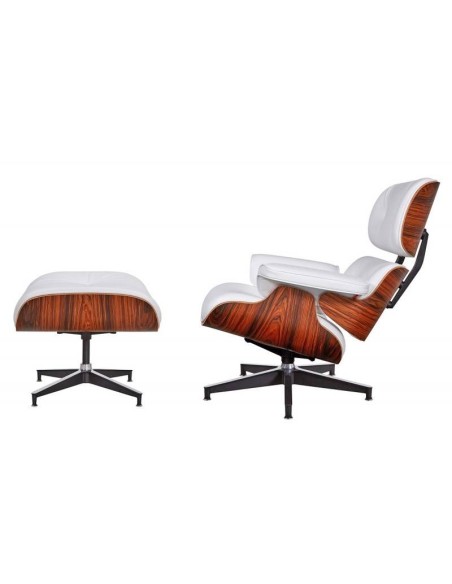Sillón Lounge Chair similpiel blanco, madera palisandro
