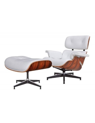Poltrona Lounge Chair couro sintético branco, madeira acabamento jacarandá