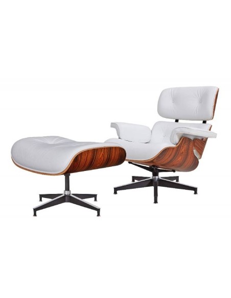 Sillón Lounge Chair similpiel blanco, madera palisandro