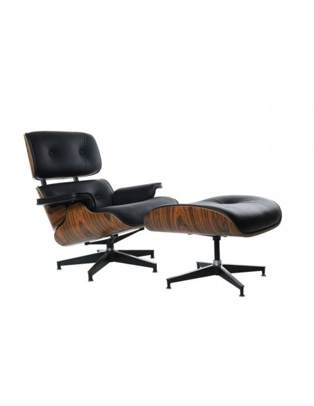 Poltrona Lounge Chair couro sintético preto, madeira acabamento jacarandá