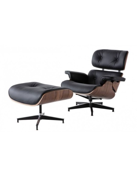 Poltrona Lounge Chair com ottoman, pele preto, madeira nogueira