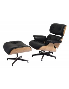 Sillón Lounge Chair con ottoman. Piel negro, fresno