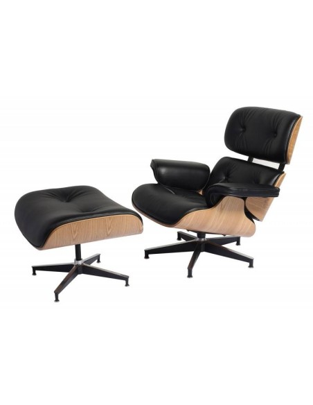 Poltrona Lounge Chair com ottoman. Couro Preto, freixo