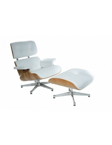 Poltrona Lounge Chair com ottoman. Pele branca, madeira freixo, base polida