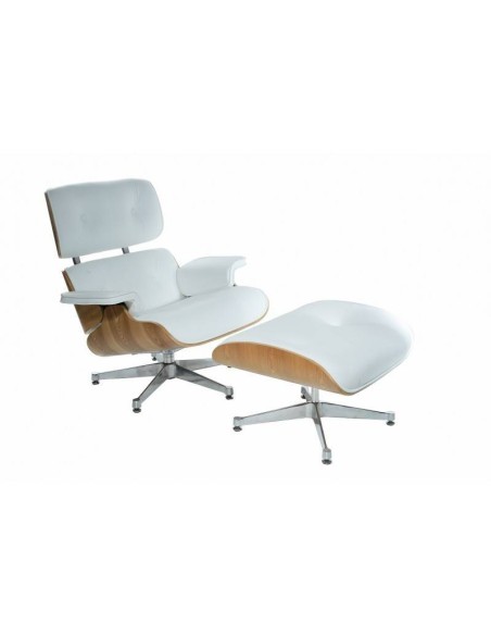 Poltrona Lounge Chair com ottoman. Pele branca, madeira freixo, base polida