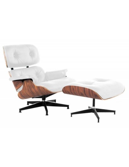 Sillón Lounge con ottoman, piel blanca, madera palo rosa