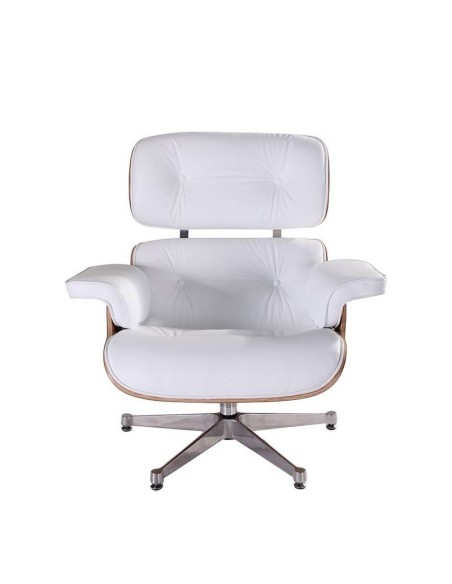 Poltrona Lounge Chair com ottoman. SimilPele branca, madeira freixo, base polida