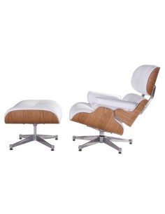 Sillón Lounge Chair con ottoman. SimilPiel blanca, madera... 2