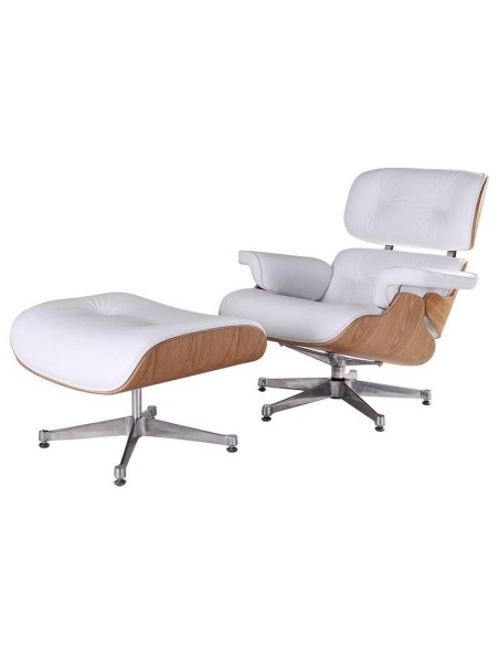 Sillón Lounge Chair con ottoman. SimilPiel blanca, madera fresno, base pulida